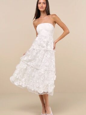 Lulu's White Strapless Floral Lace Tiered Midi Dress